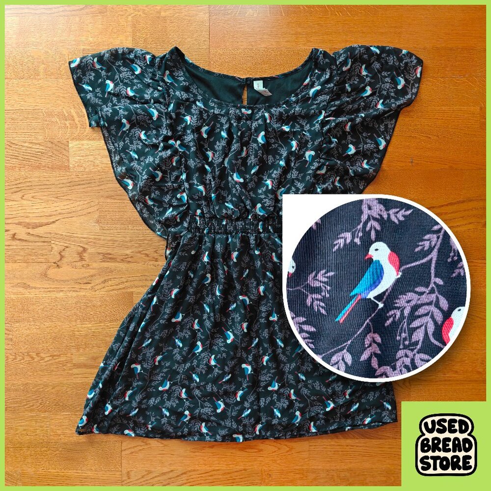 No Boundaries Black Purple Floral/Bird Dress L 11-13 Stretchy, Whimsigoth Summer